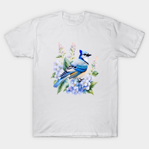 Watercolor Blue Jay and Blue Hydrangeas T-Shirt by tfortwo